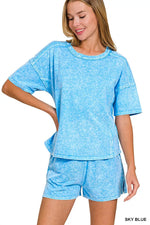 Zenana Halo Snow Washed Short Sleeve Tee and Shorts Set