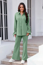 Drawstring Flounce Sleeve Shirt and Pants Set