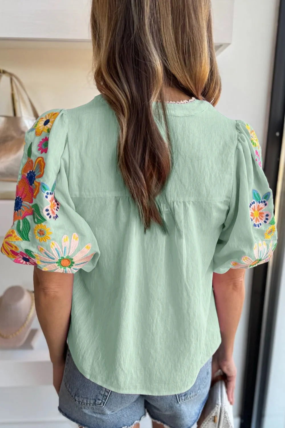 Embroidered Tie Neck Short Sleeve Blouse - Ladyez
