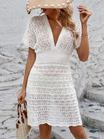 Openwork Plunge Short Sleeve Cover-Up Dress - Ladyez