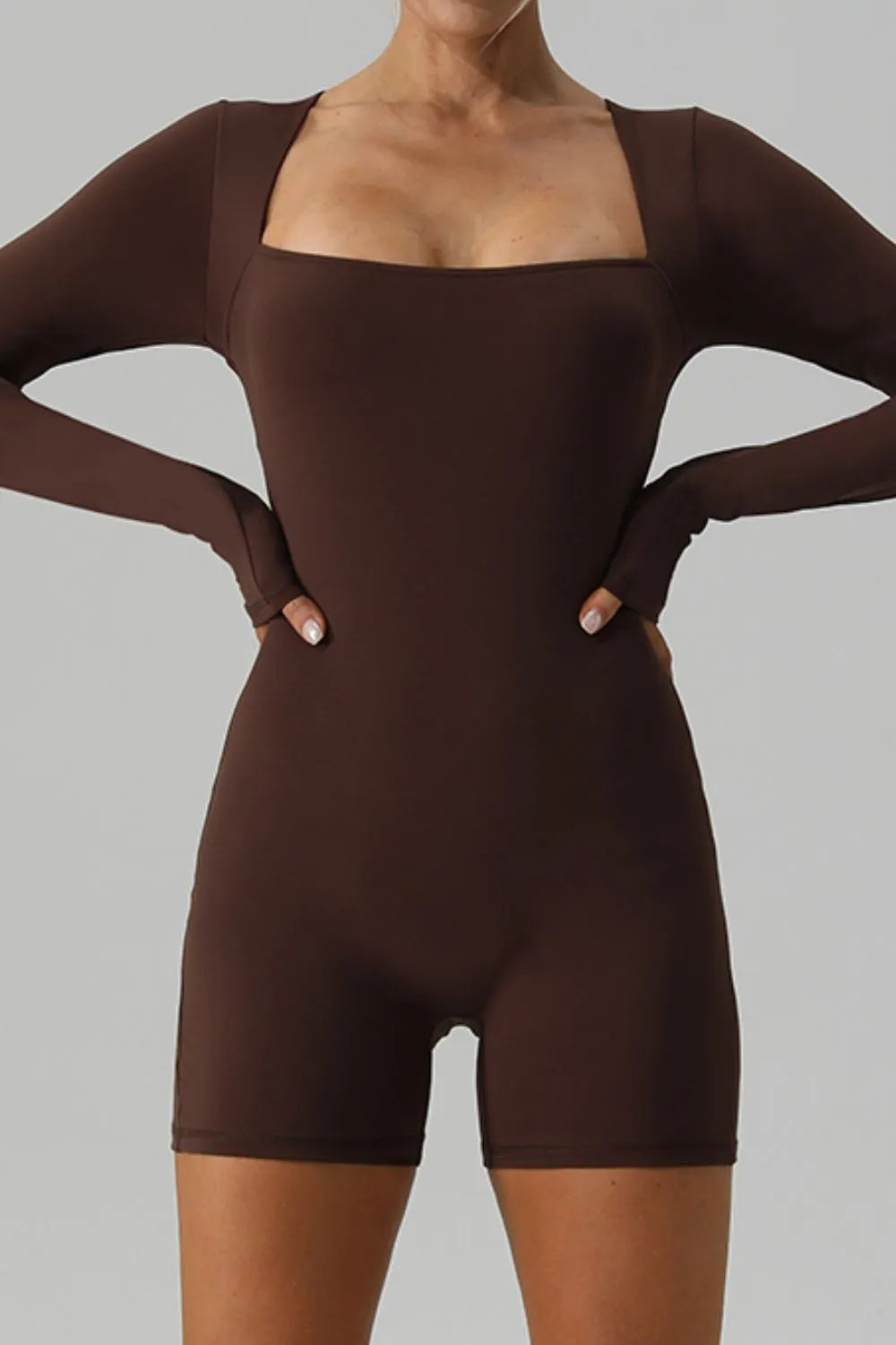 Square Neck Long Sleeve Active Romper - Ladyez