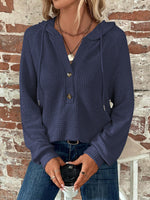 Waffle Knit Long Sleeve Drawstring Hooded Top - Ladyez