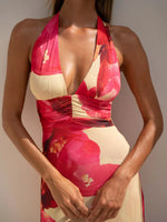 Floral Halter Neck Deep V Maxi Dress - Ladyez