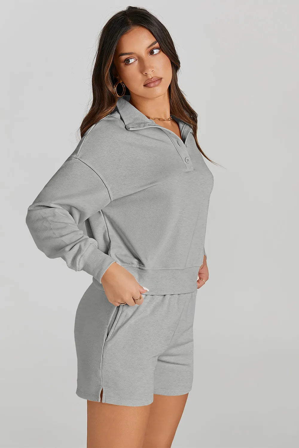 Half Button Sweatshirt and Shorts Active Set - Ladyez