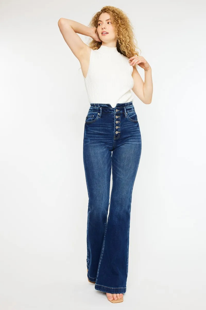 Kancan Button Fly High Rise Flare Jeans - Ladyez