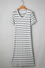 Casual Striped V-Neck Midi T-Shirt Dress