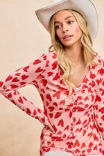 BiBi Button Down Heart Printed Mesh Shirt with Ruched Front