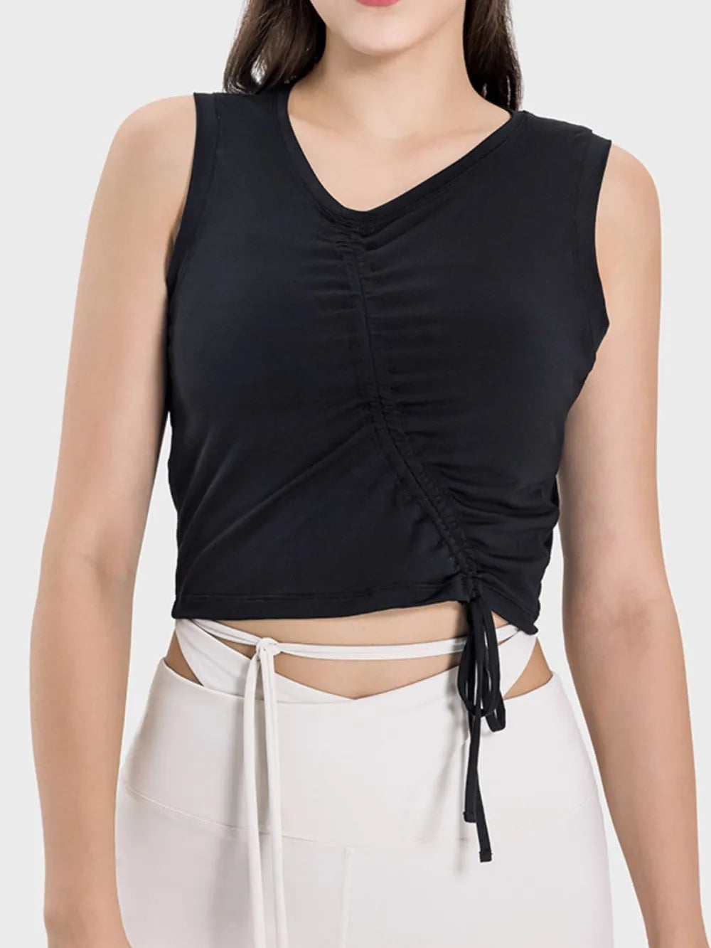 Millennia Drawstring Ruched Wide Strap Active Tank - Ladyez