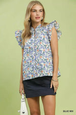 Umgee Floral Print RuffleCap Sleeve Shirt