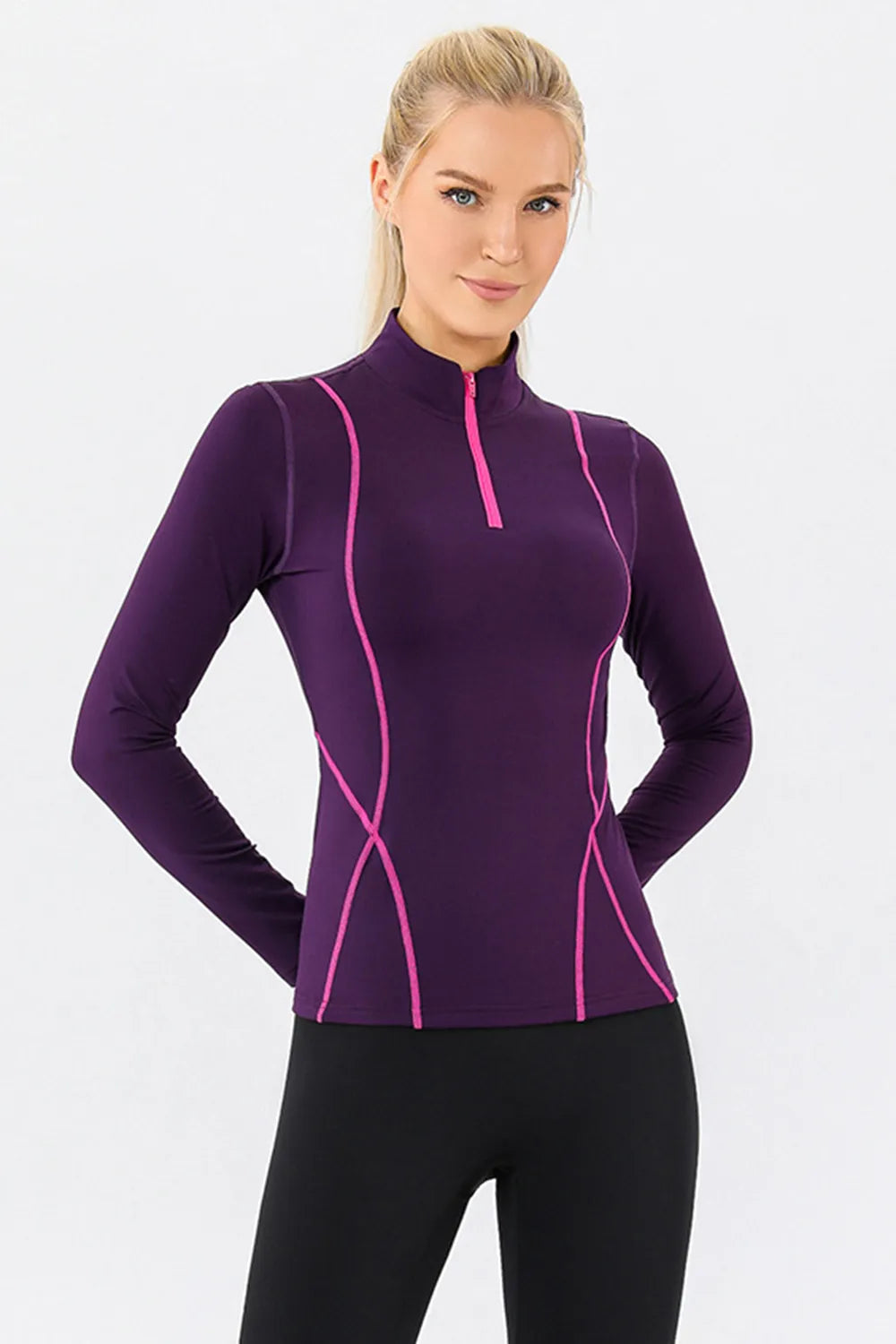 Mock Neck Quarter Zip Active T-Shirt - Ladyez