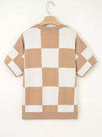 Checkered Pattern Loose Drop Shoulder Half Sleeve Sweater