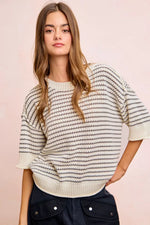 BiBi Stripes Short Sleeves Rib Banded Outseam Knit Top