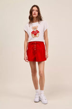 SO ME Solid Twill Denim Pintucked Buttoned Shorts With Waist Tie