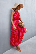 Printed Sleeveless Tie Waist Maxi Dress - Ladyez