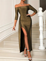 Slit Off-Shoulder Long Sleeve Midi Dress - Ladyez