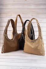 Fame Grommet Border Studded Suede Shoulder Bag