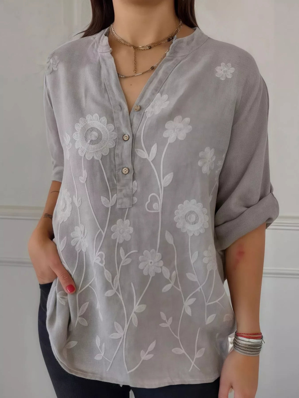 Full Size Floral Embroidered Button Detail Blouse Plus Size