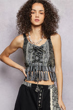 POL Lace-Up Fringe Hem Tank with Lace Detail