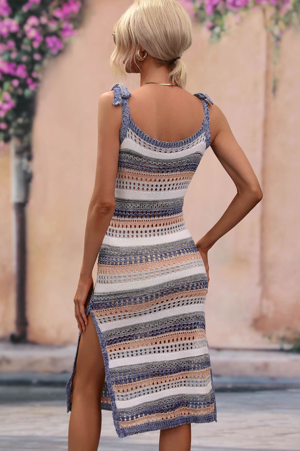 Striped Tie Shoulder Split Cover Up Dress - Ladyez