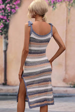 Striped Tie Shoulder Split Cover Up Dress - Ladyez