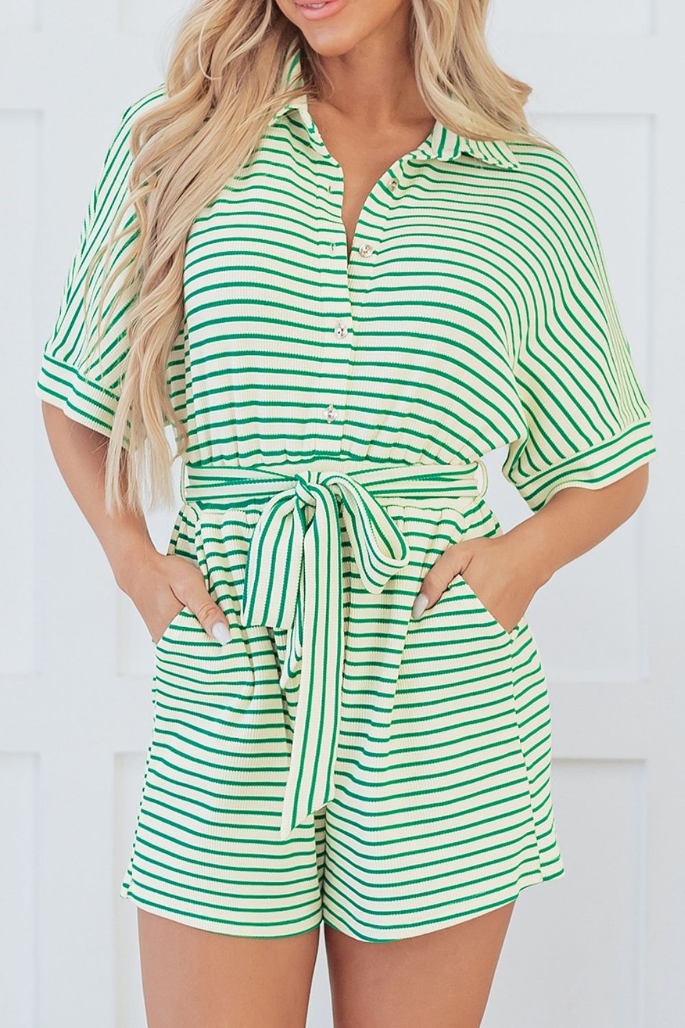 Striped Half Sleeve Tie Waist Romper - Ladyez