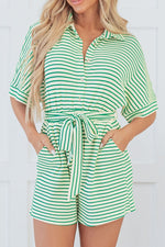 Striped Half Sleeve Tie Waist Romper - Ladyez