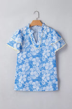 Floral Print Scalloped Trim V Neck Short Sleeve Blouse
