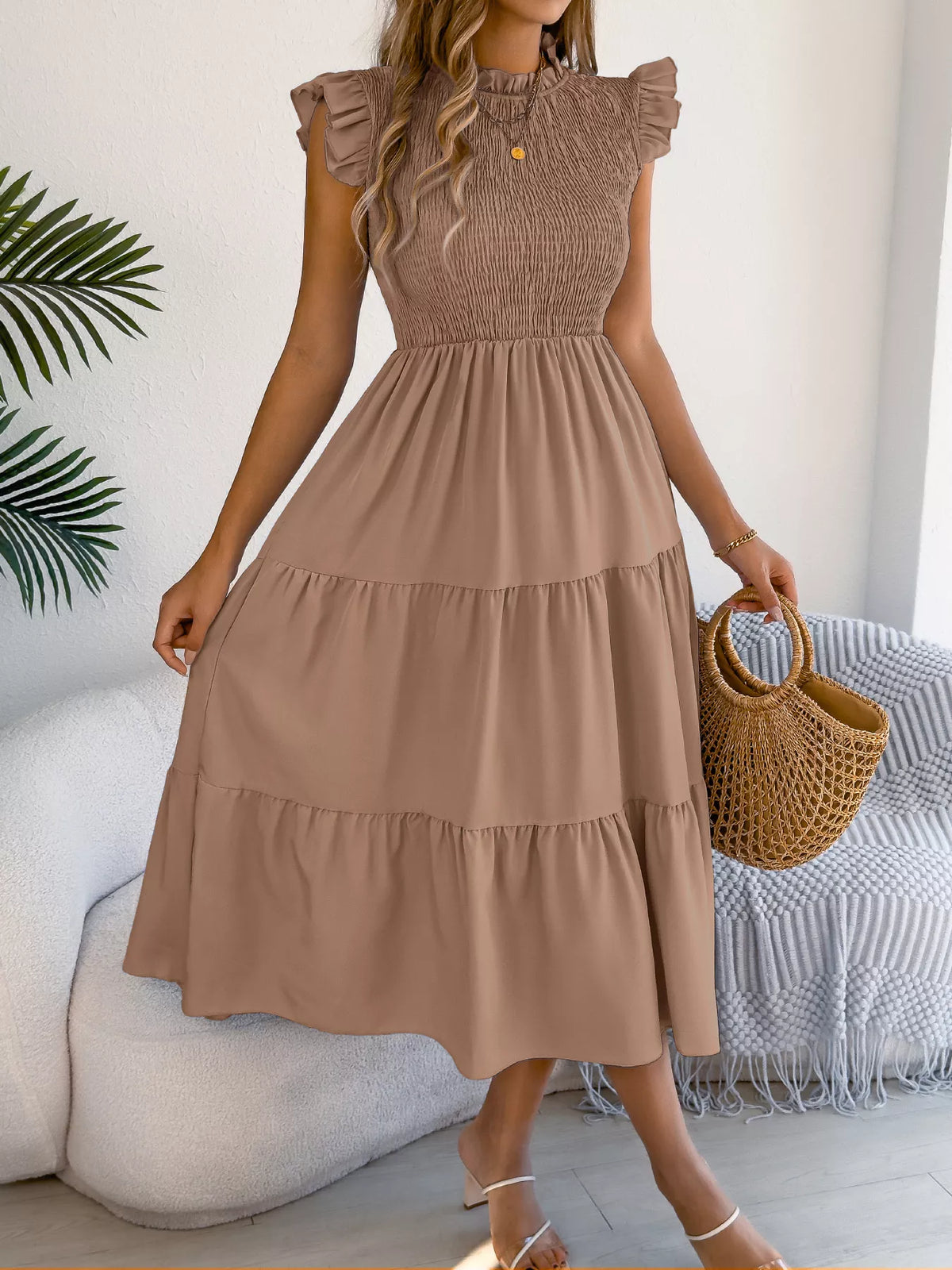Smocked Ruffled Cap Sleeve Dress