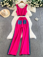 Zip Front Contrast Tank and Side Striped Pants Set