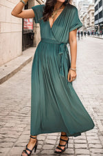Surplice Tie Waist Short Sleeve Dress - Ladyez