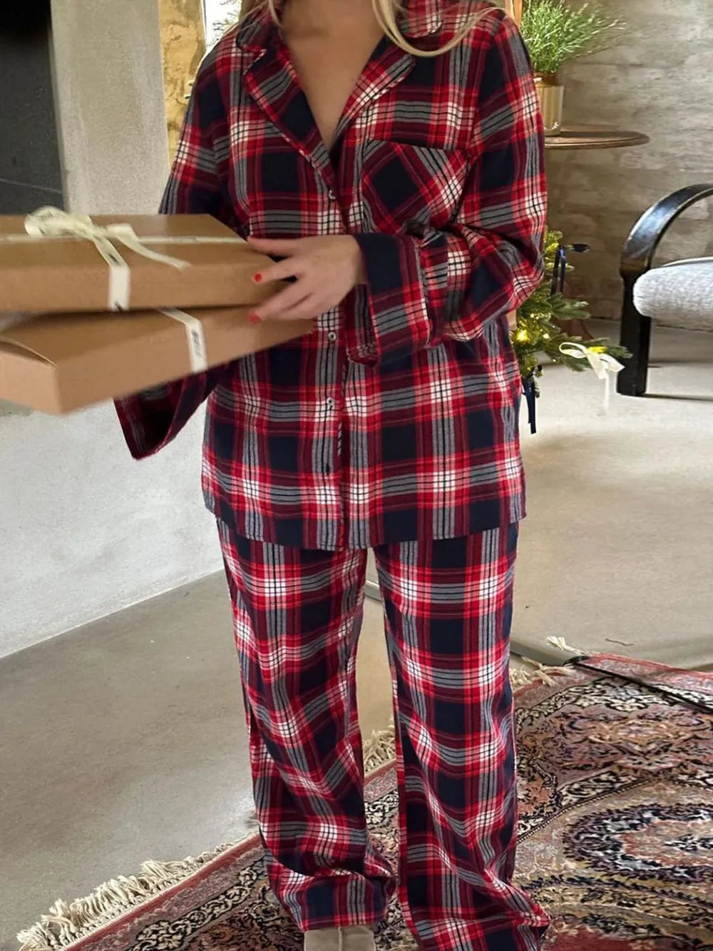 Plaid Collared Neck Button Up Top and Pants Lounge Set - Ladyez