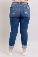 Judy Blue Full Size Mid Rise Boyfriend destroy Jeans with Yoke Pockets and Faux Selvedge Cuff Plus Size - Ladyez
