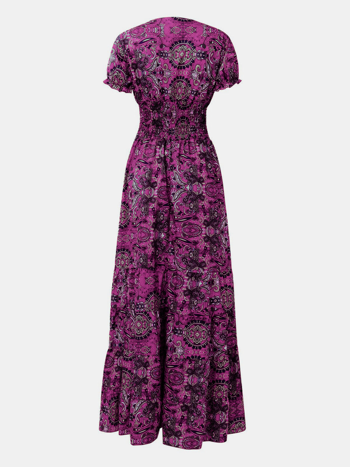 Full Size Smocked Printed V-Neck Short Sleeve Dress - Ladyez