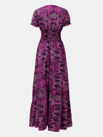 Full Size Smocked Printed V-Neck Short Sleeve Dress - Ladyez