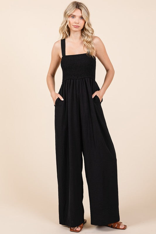 Mittoshop Smocked Wide Strap Wide Leg Overalls - Ladyez