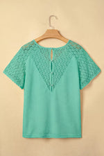 Lace Splicing Button Cutout V Neck Waffle Knit Blouse