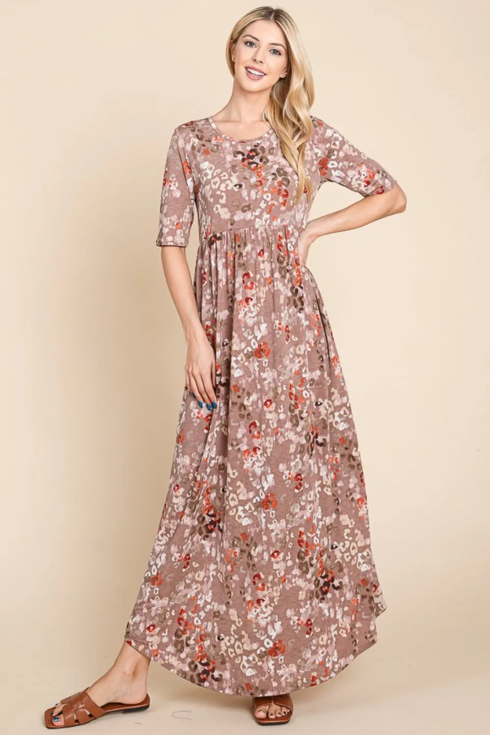 BOMBOM Printed Shirred Maxi Dress - Ladyez