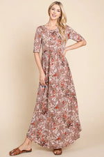 BOMBOM Printed Shirred Maxi Dress - Ladyez