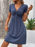 Twist Front V-Neck Short Sleeve Casual Dress - Ladyez