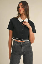 MABLE Button Down Contrast Collared Knit Cardigan