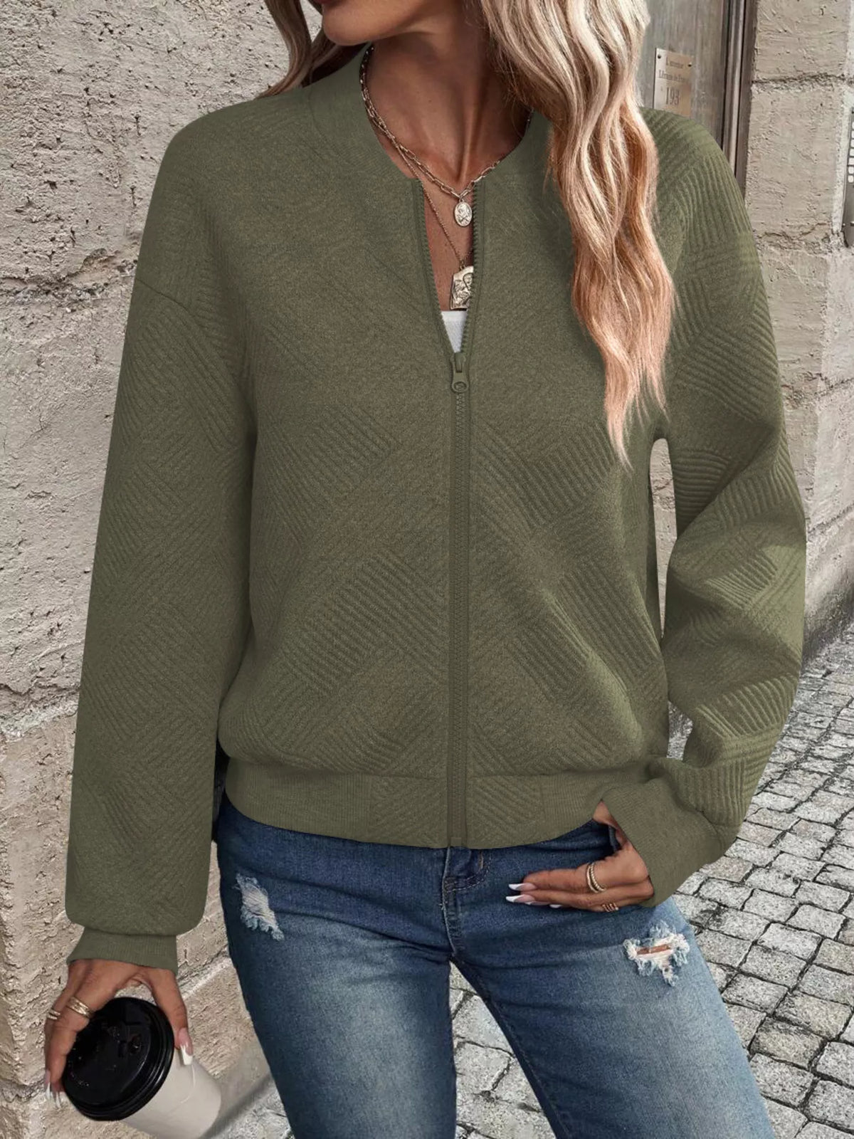 Full Size Zip Up Long Sleeve Textured Jacket Plus Size