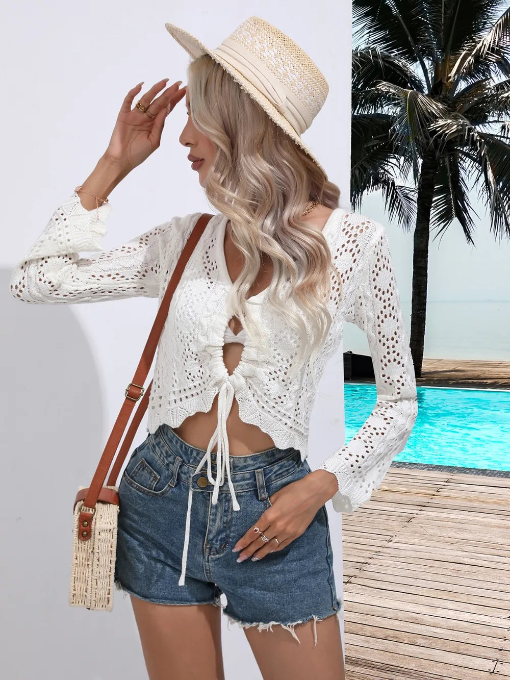 Openwork Drawstring V-Neck Long Sleeve Cover-Up - Ladyez