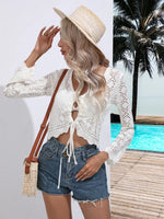 Openwork Drawstring V-Neck Long Sleeve Cover-Up - Ladyez
