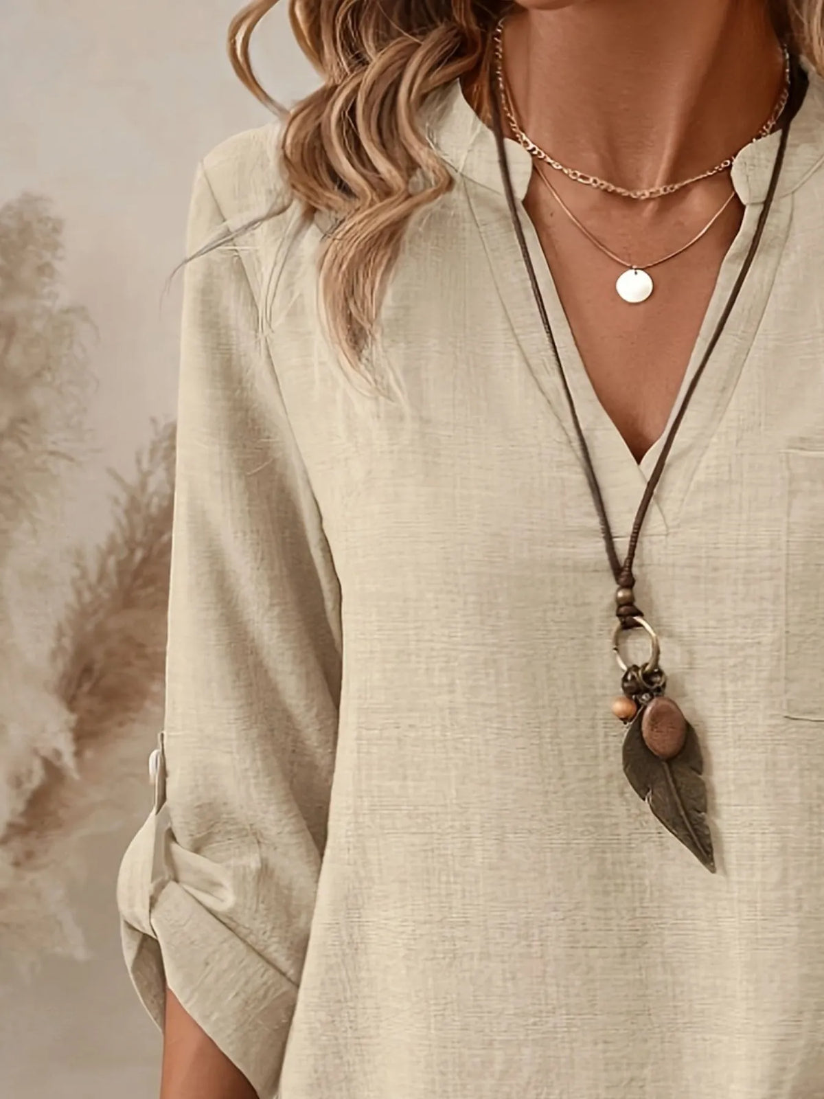 Notched Roll-Tab Sleeves Blouse - Ladyez
