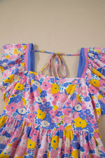 Floral Print Flutter Sleeve Striped Trim Square Neck Loose Mini Dress