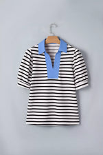 Striped Puff Sleeve Blouse with Contrast Collar