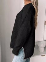Slit Contrast Trim Round Neck Sweater