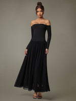 Off Shoulder Long Sleeve Maxi Dress - Ladyez