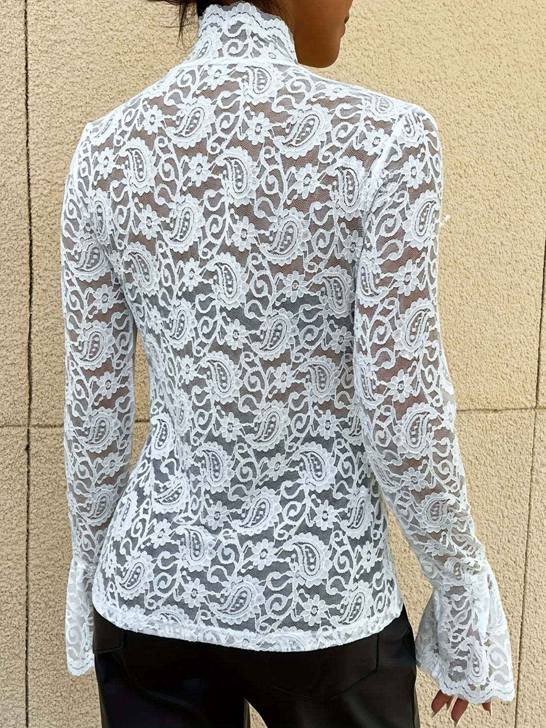 Mock Neck Long Sleeve Lace Top - Ladyez