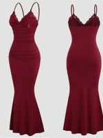 Lace Trim Ruched Mermaid Dress